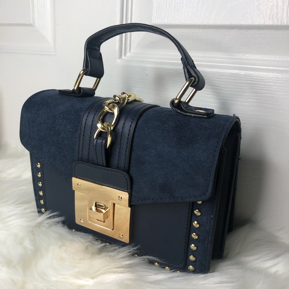 Suede crossbody removable strap satchel navy